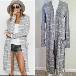 Abercrombie & Fitch Gray White Stripe Open Front Long Cardigan